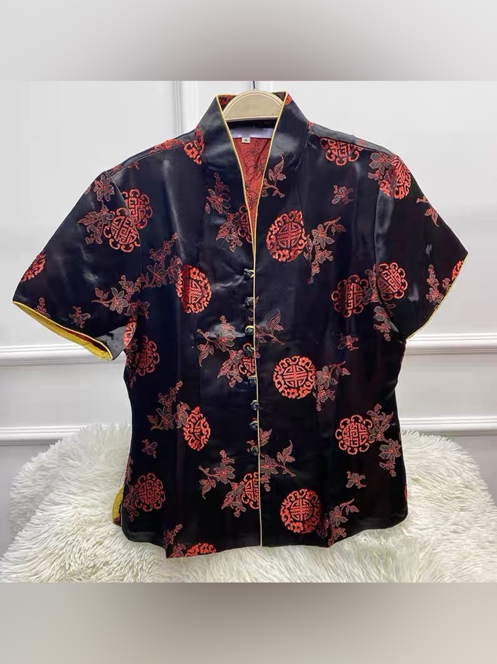 Black Satin Mandarin Collar Top with Red Embroidered Medallions
